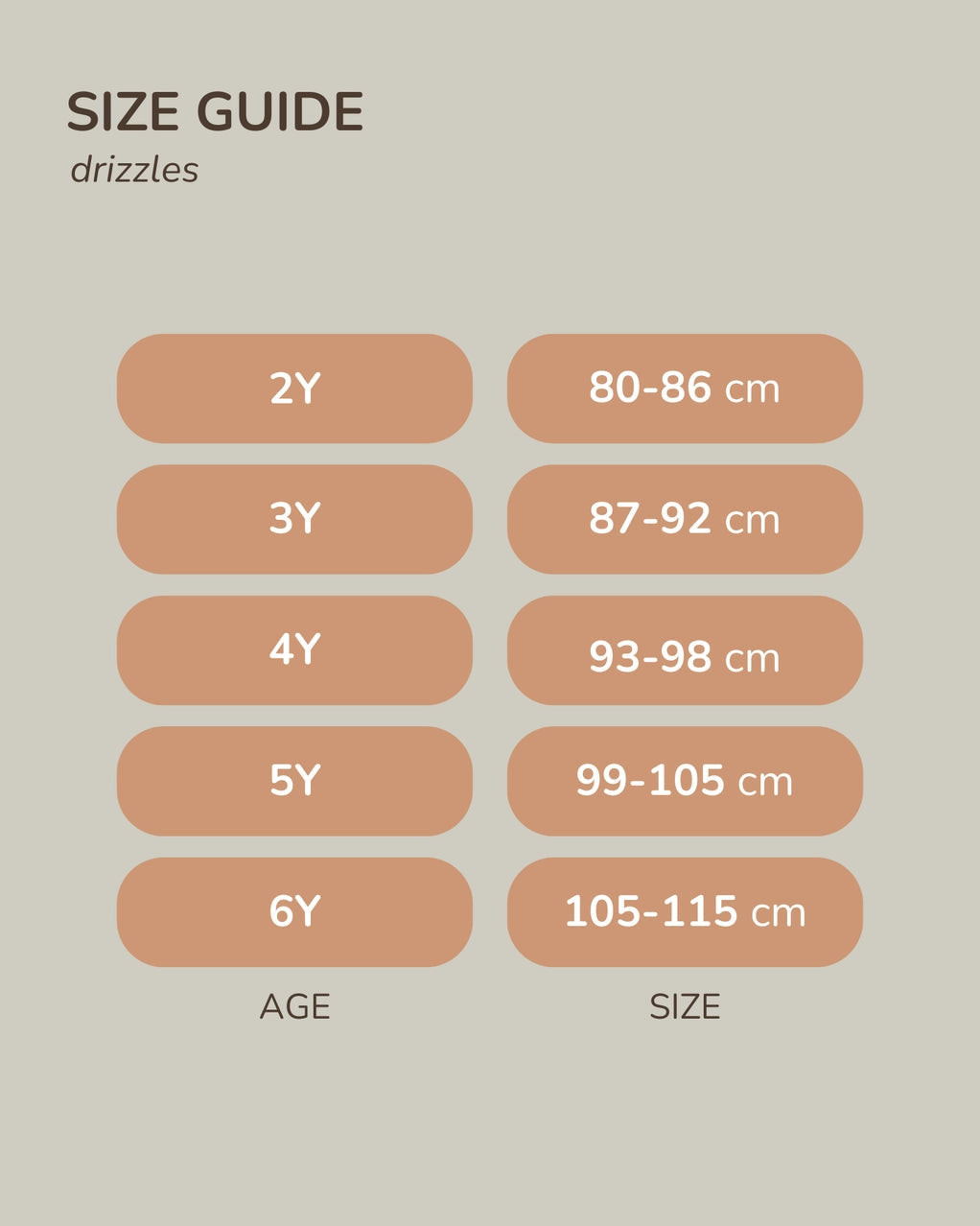 Size guide chart for drizzles size 2Y to 6Y, showing age and size measurements in centimeters on a light beige background.