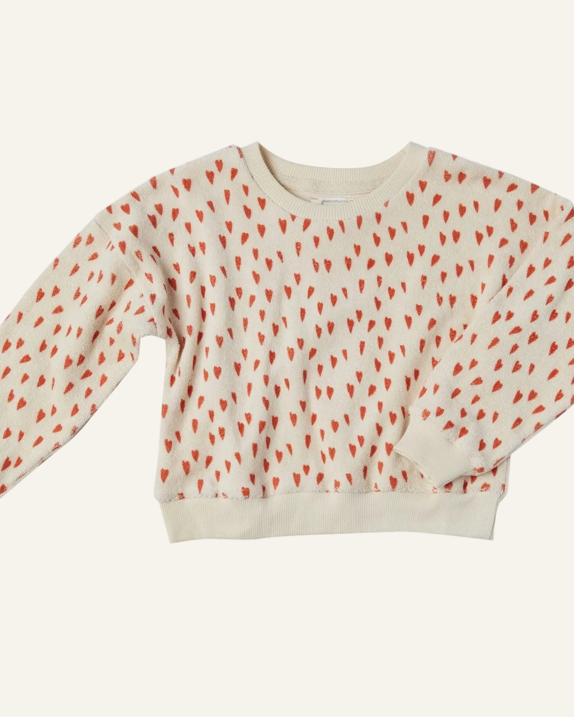 A long-sleeve crewneck sweatshirt featuring an all-over repeating pattern of small red and green leaf-like motifs on a warm cream background.