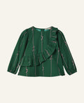 A green long-sleeve blouse with vertical pleats, a ruffled shoulder detail, and a tie-knot pattern, shown flat on a light gray background.