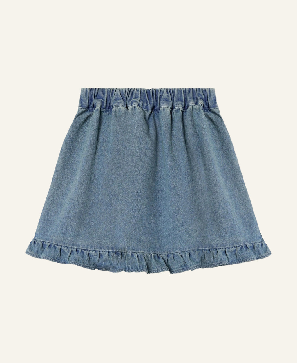 A light blue denim A-line skirt with an elastic waistband and a ruffled hem, shown flat against a light gray background.