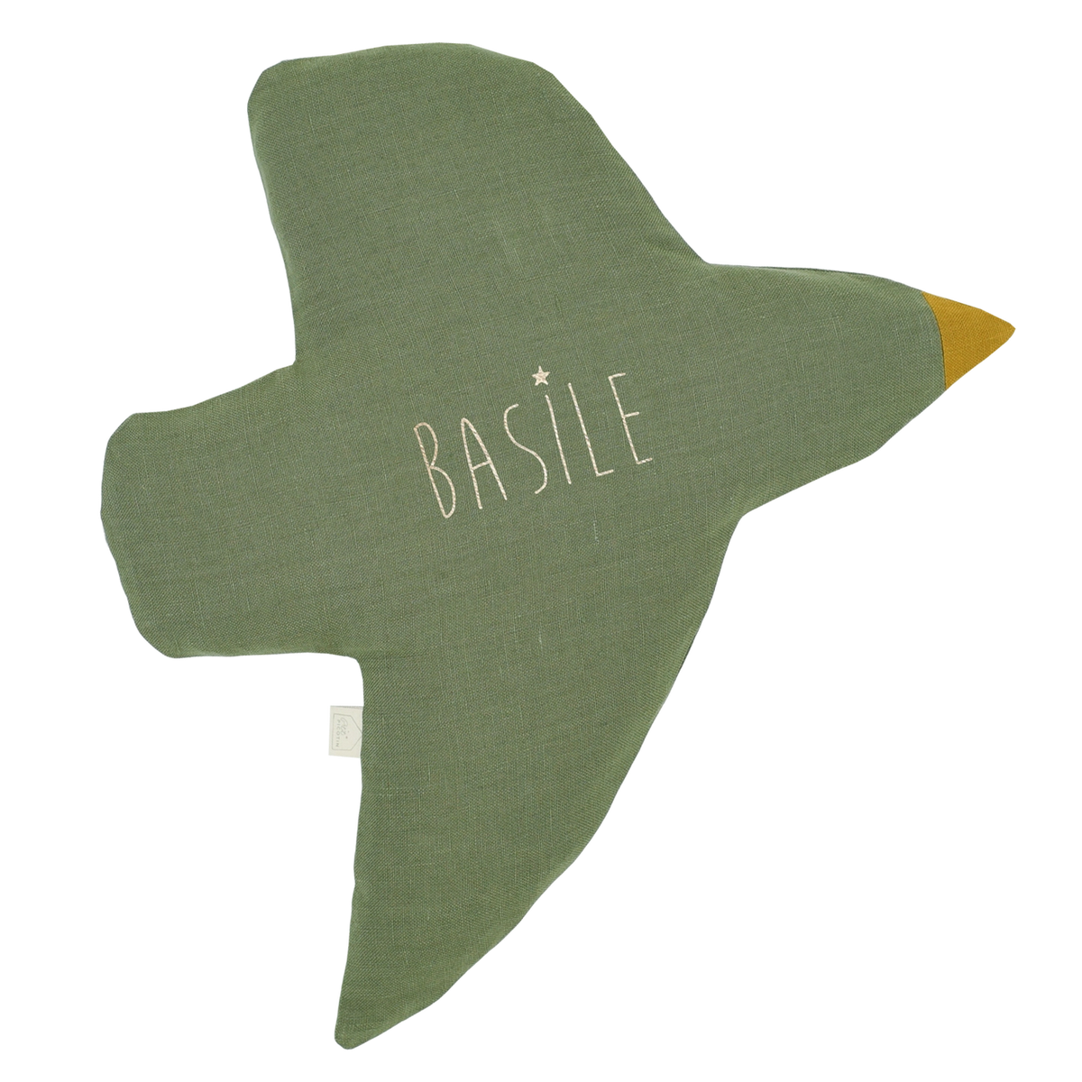 A green bird-shaped plush pillow with a yellow beak and the word 'BASILE' embroidered in white on the chest, shown against a plain white background.