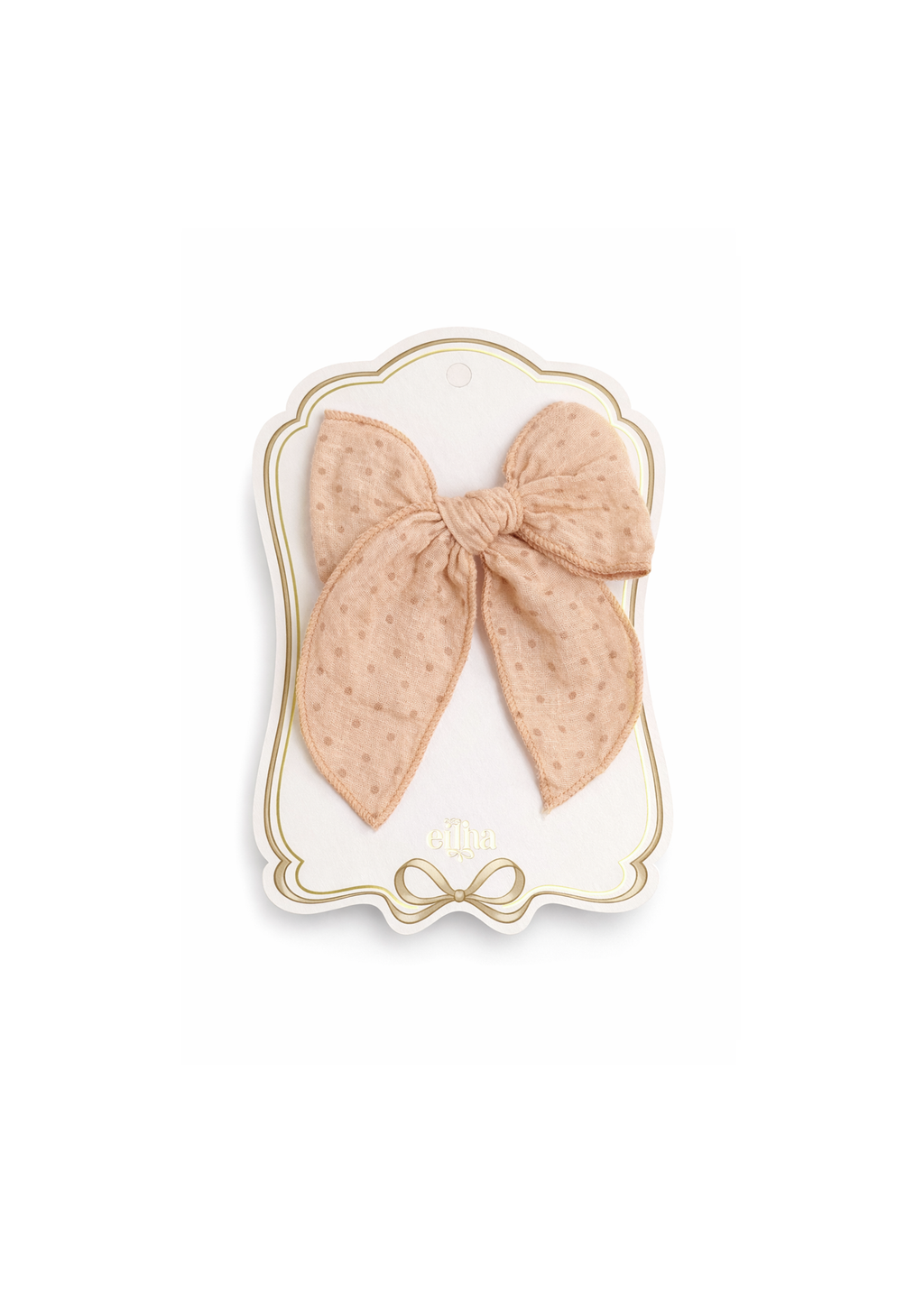 A beige sheer bow with tiny embroidered floral details, displayed on a decorative white and gold card featuring the brand name 'ella'.