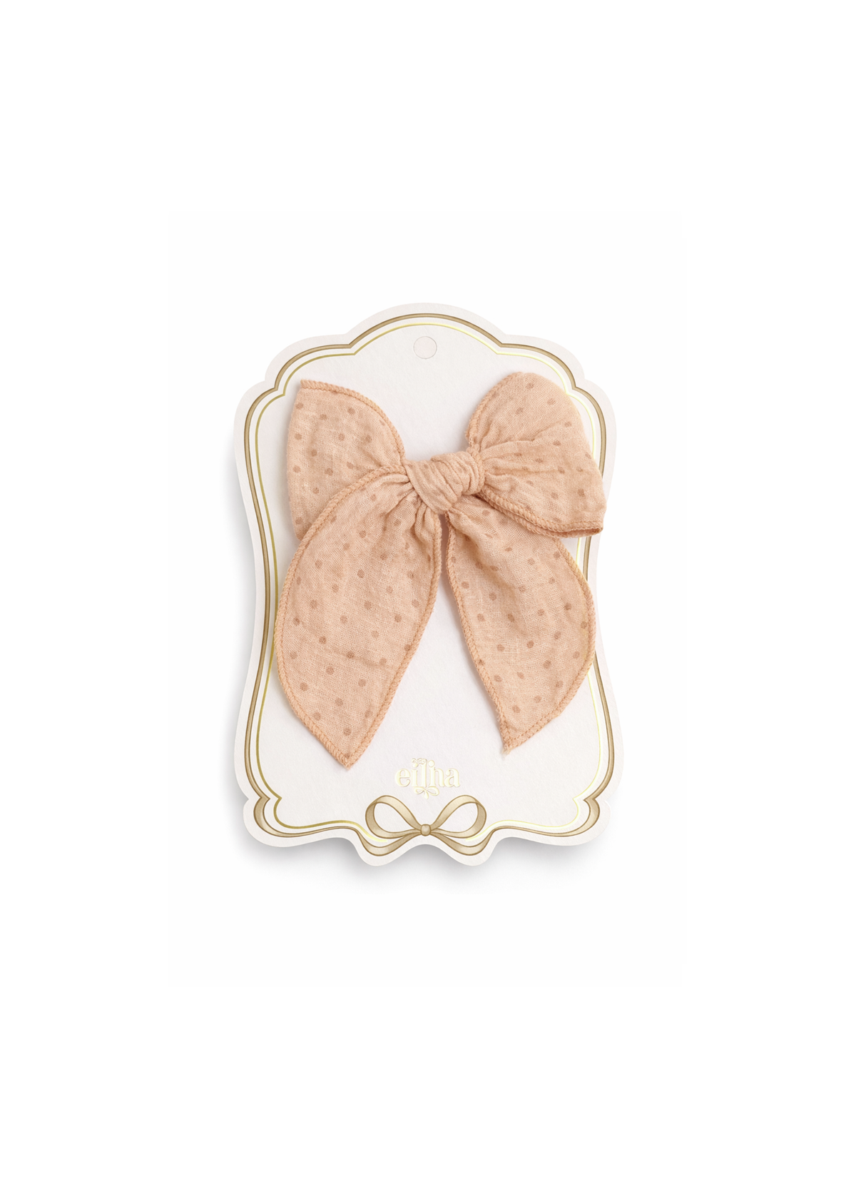 A beige sheer bow with tiny embroidered floral details, displayed on a decorative white and gold card featuring the brand name 'ella'.