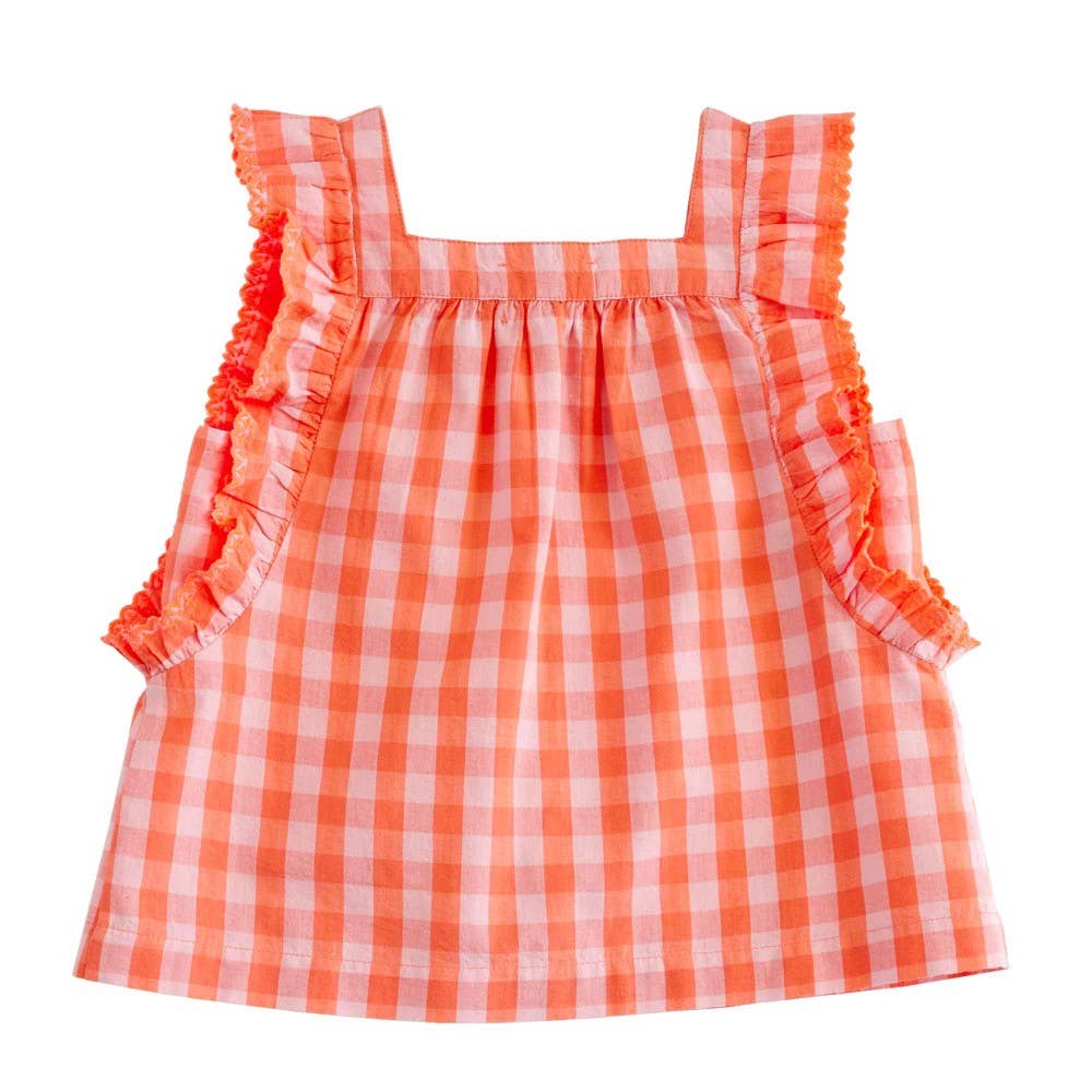 Orange and white checkered dress with ruffled straps on a white background