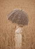 A person in a long cream dress holding a lace parasol umbrella with fringe, standing in a golden wheat field.