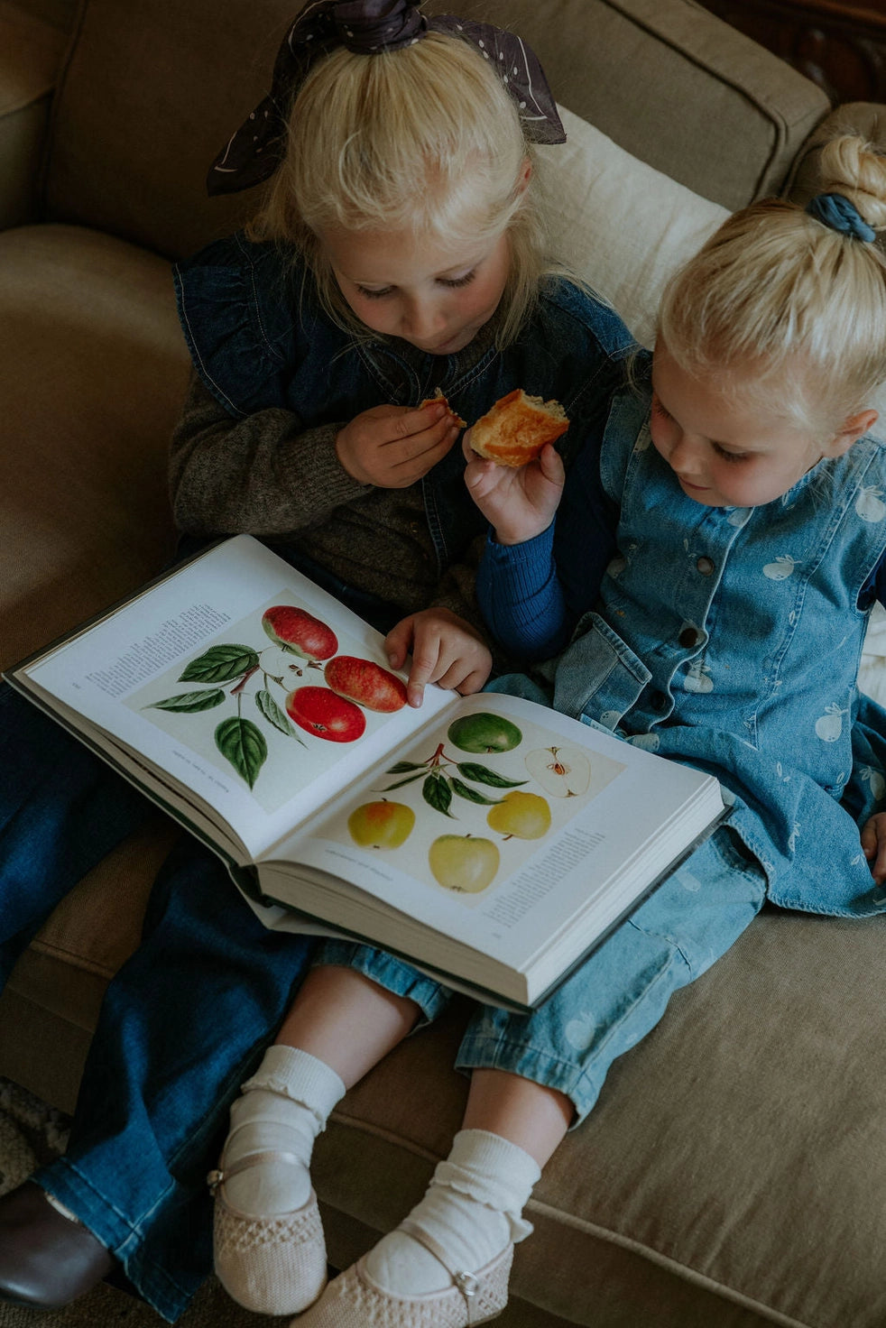 Two young girls sitting on a brown couch, looking at an open children's fruit and vegetable picture book. The girl on the left wears a dark denim outfit and a dark hair bow, while the girl on the right wears a light blue denim outfit.