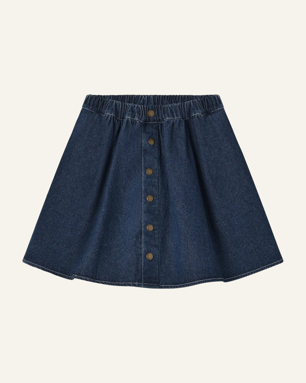 A dark blue denim A-line mini skirt with an elastic waistband and a front button closure, shown flat on a light gray background.
