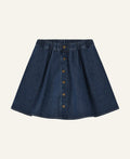 A dark blue denim A-line mini skirt with an elastic waistband and a front button closure, shown flat on a light gray background.