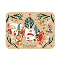 A rectangular mat with rounded corners featuring a whimsical forest illustration in warm autumn tones. The design includes deer, a tree, mushrooms, flowers, leaves, and small woodland motifs on a beige background, with the French text 'Respire la magie DE L'INSTANT PRÉSENT' near the bottom.
