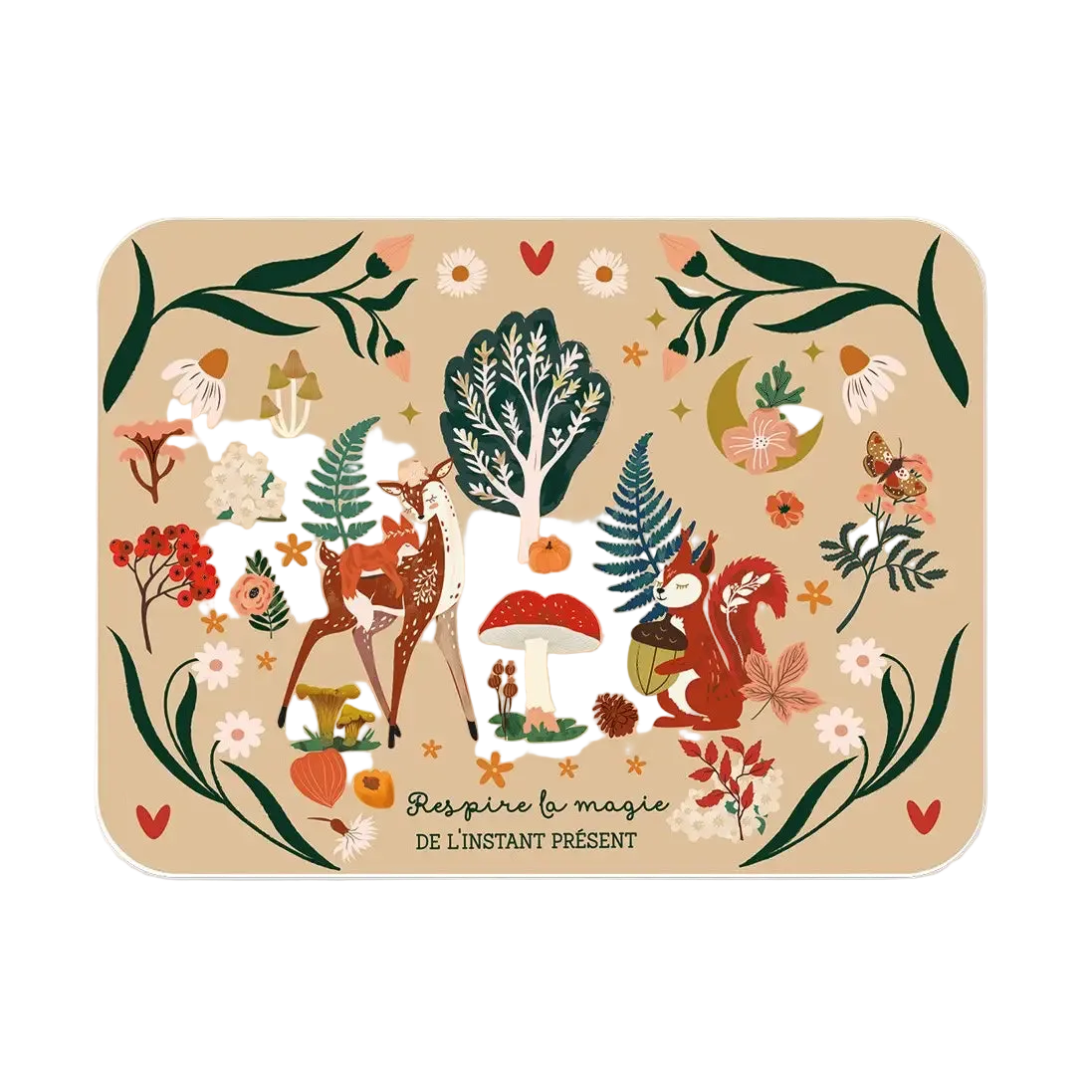 A rectangular mat with rounded corners featuring a whimsical forest illustration in warm autumn tones. The design includes deer, a tree, mushrooms, flowers, leaves, and small woodland motifs on a beige background, with the French text 'Respire la magie DE L'INSTANT PRÉSENT' near the bottom.