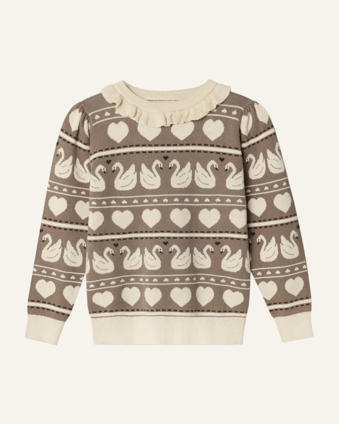 A long-sleeve knit sweater with a brown and cream color scheme, featuring a pattern of swans, hearts, and geometric shapes, finished with a cream ruffled collar and ribbed cuffs and hem.