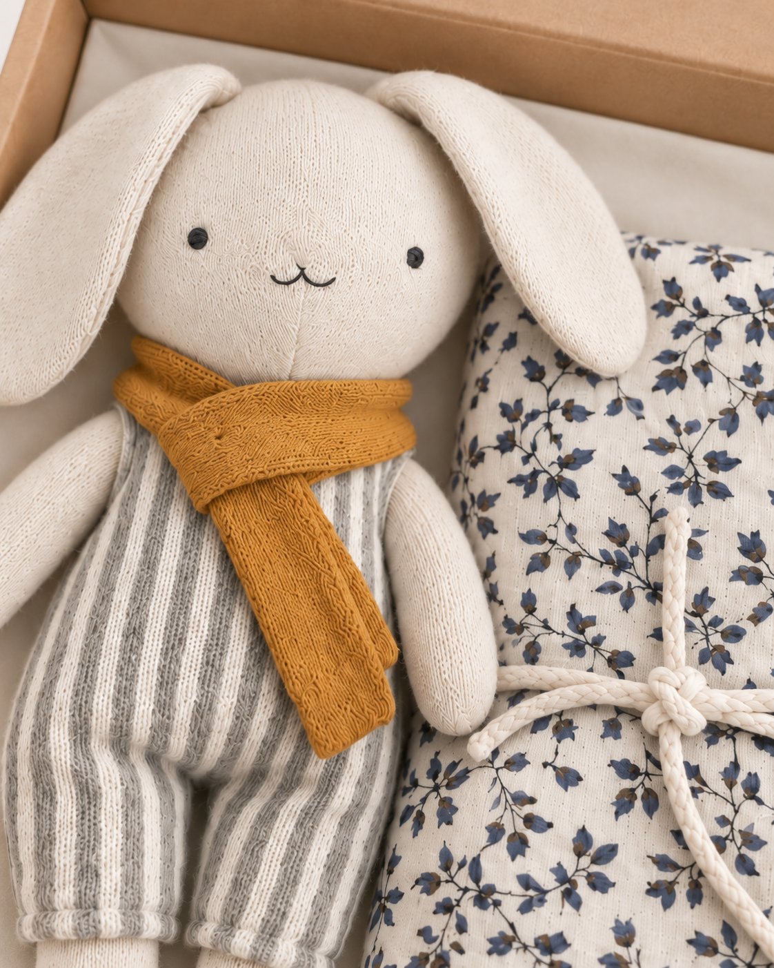 A soft plush bunny doll with long ears, black embroidered eyes and mouth, wearing gray-and-white striped knitted pants and a mustard yellow scarf, placed beside a wrapped fabric item with a blue floral print in a box.