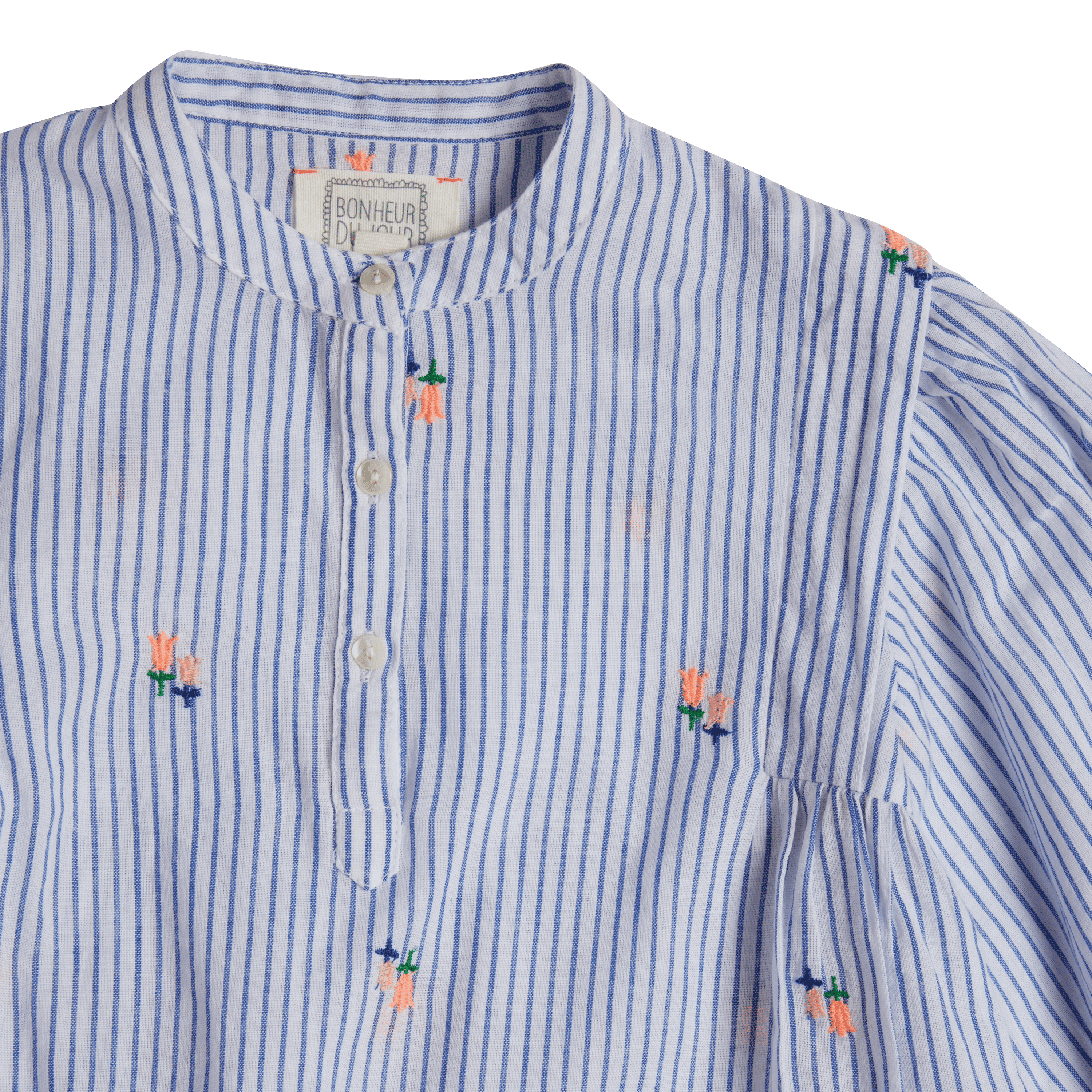 Blue and white striped shirt with embroidered designs on a green background