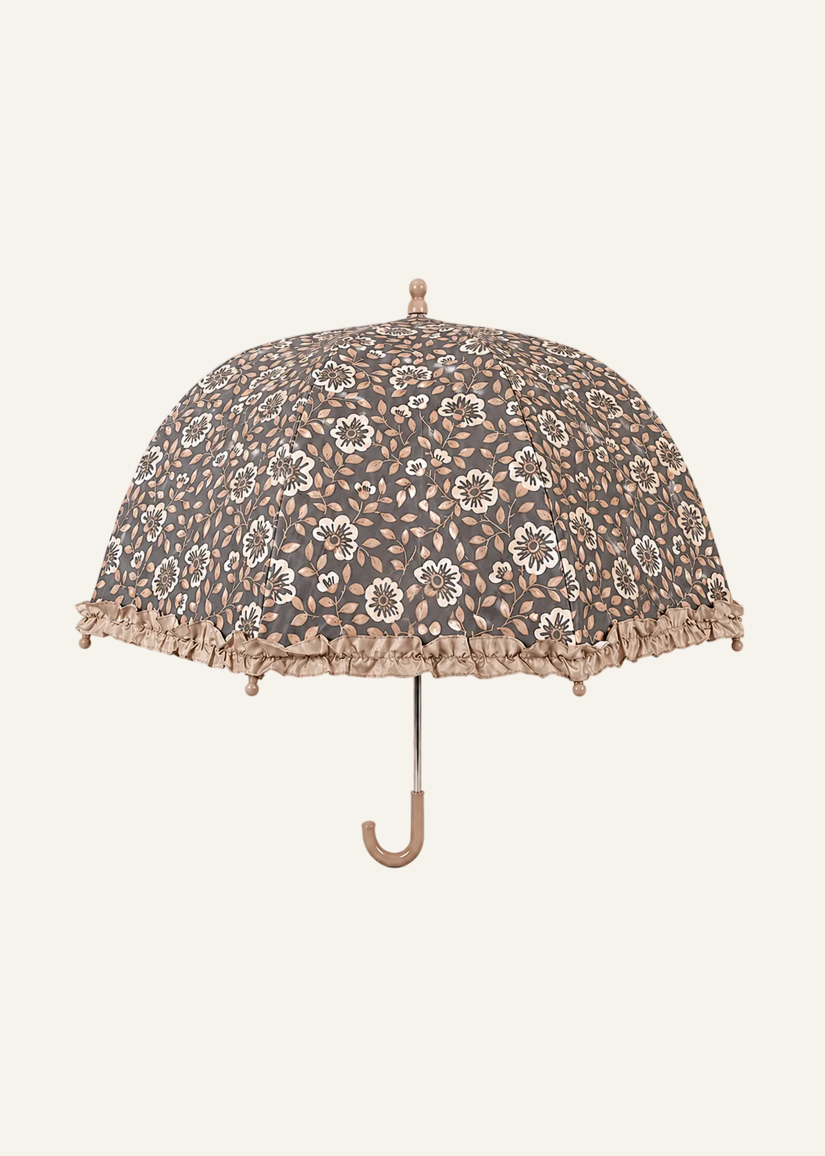 A dome-style parasol umbrella with a brown, beige, and white floral pattern, featuring a ruffled trim along the edge and a curved wooden handle, shown against a plain white background.