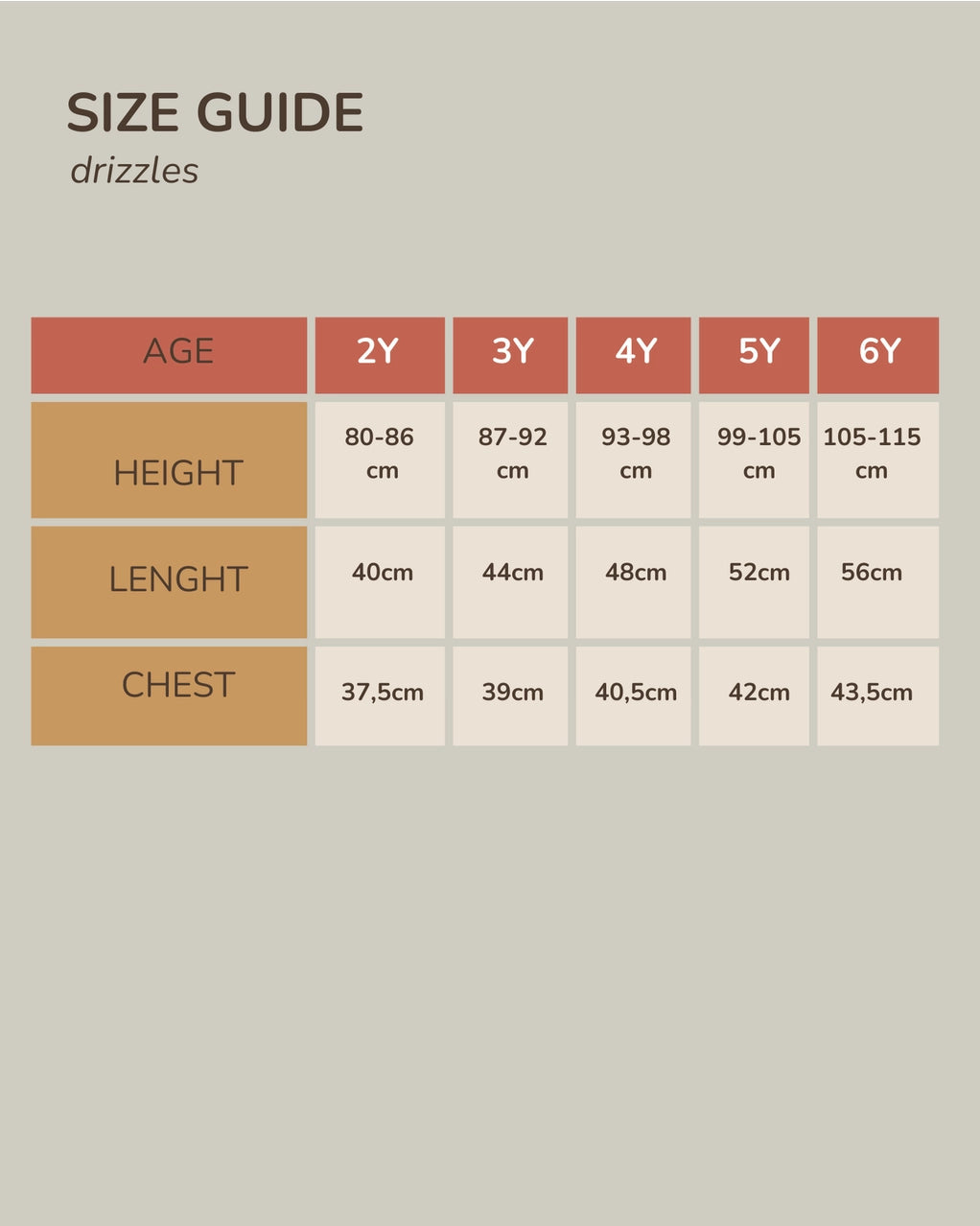 Size guide chart for children's clothing with age, height, length, and chest measurements.
