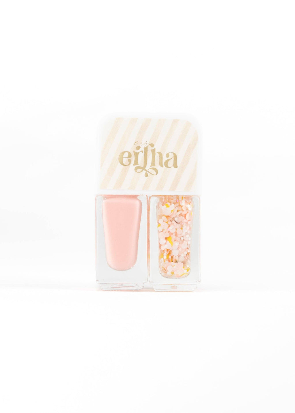A nail kit by Ertha containing a soft pink nail polish bottle and a clear compartment filled with pastel pink, yellow, and orange glitter flakes, set against a plain white background.