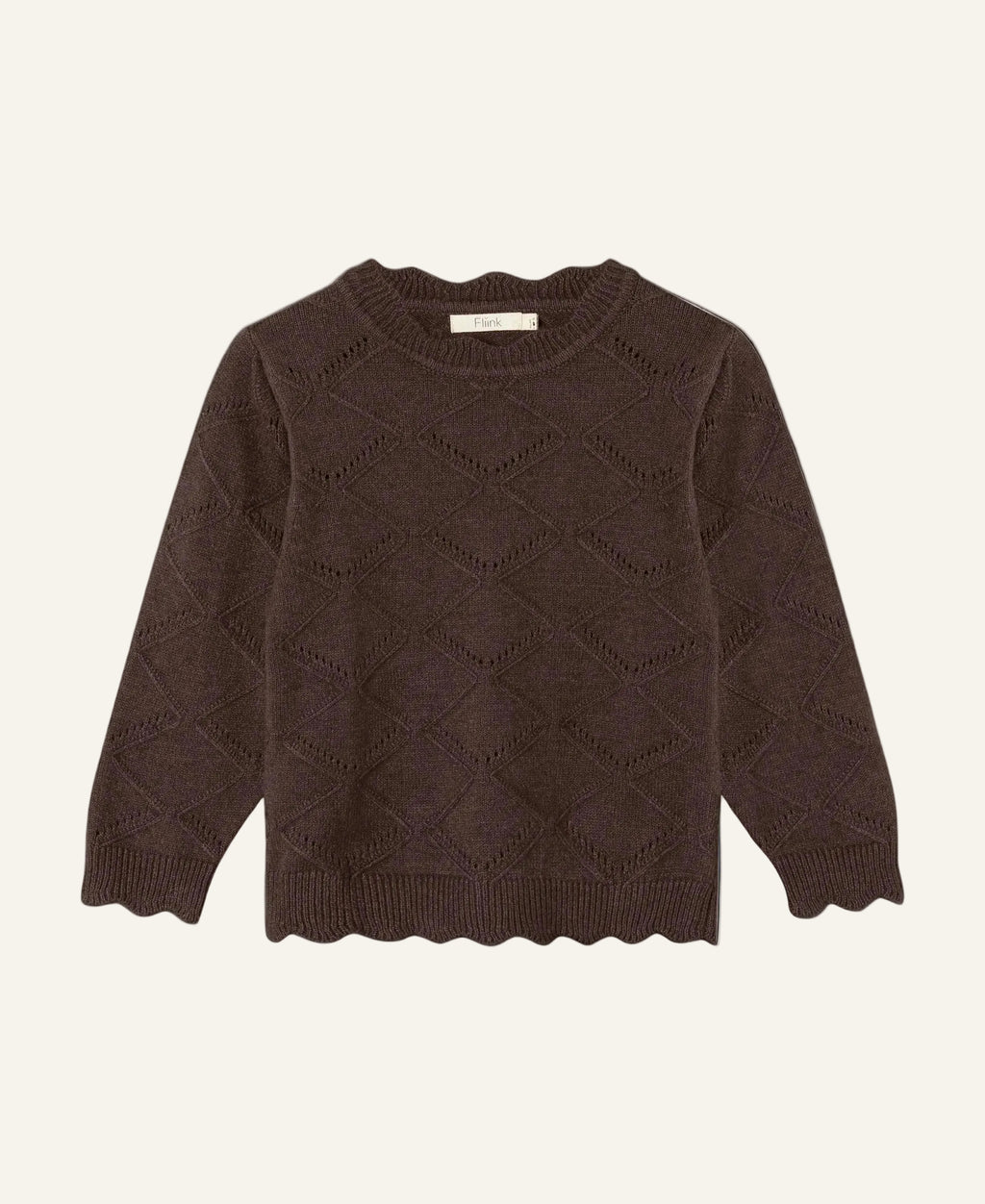 A dark brown long-sleeve knit sweater with a textured diamond pattern and scalloped edges, displayed flat against a light gray background.