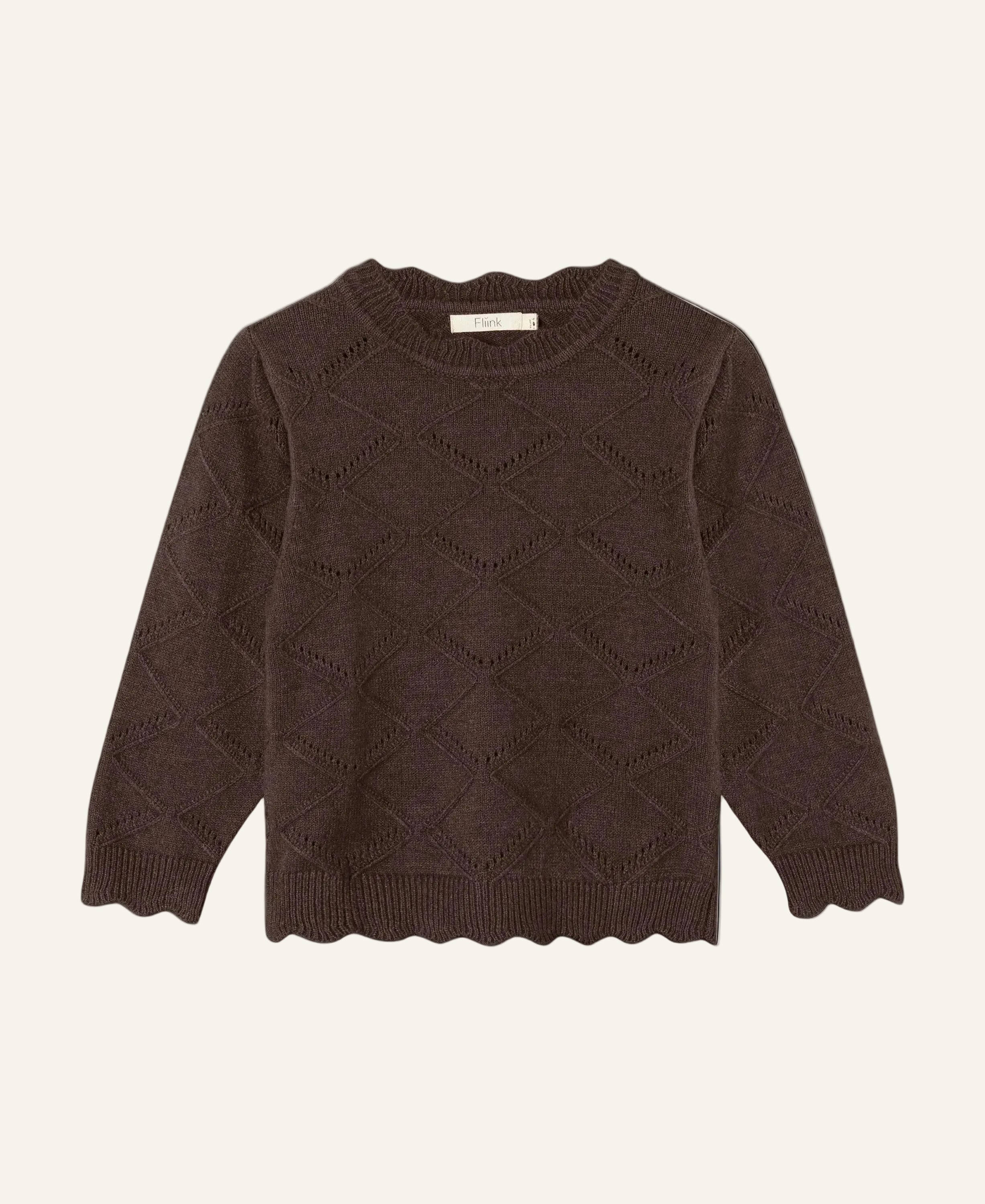 A dark brown long-sleeve knit sweater with a textured diamond pattern and scalloped edges, displayed flat against a light gray background.