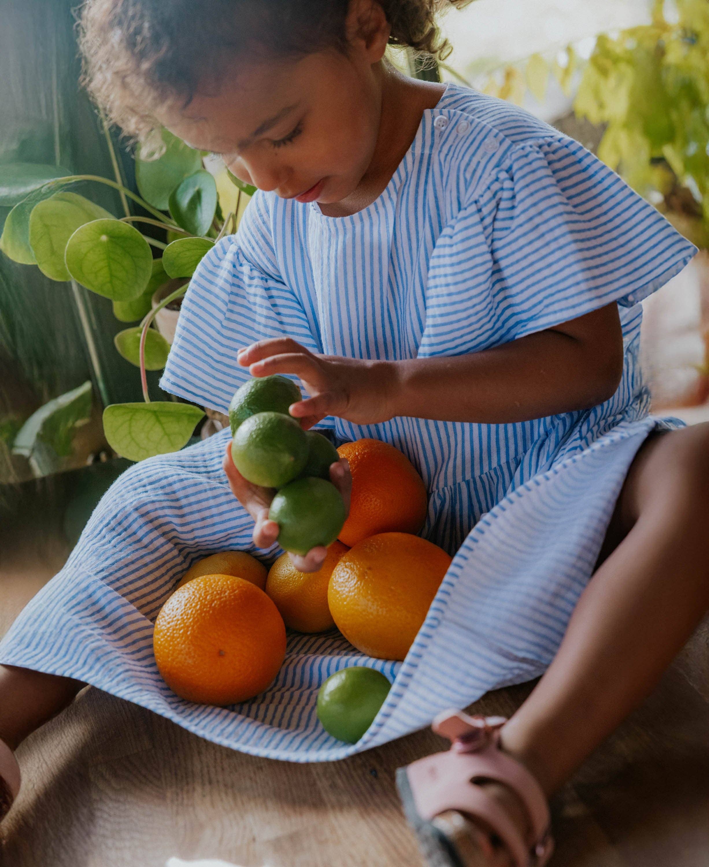 Child in a blue striped outfit holding green limes and oranges on a wooden floor with plants in the background.