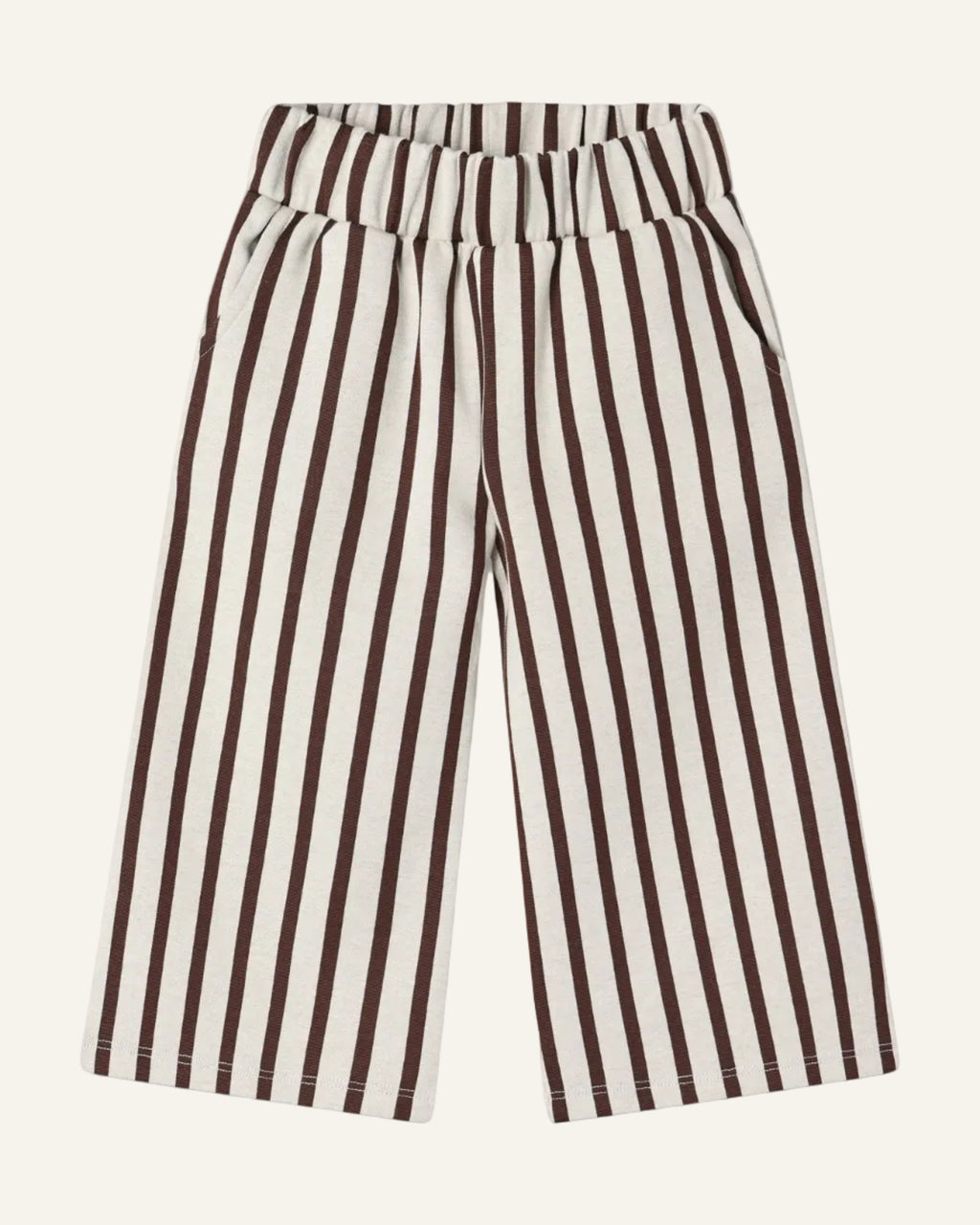 A pair of wide-leg cropped pants with vertical brown and cream stripes, featuring an elastic waistband and side pockets, shown flat on a light gray background.