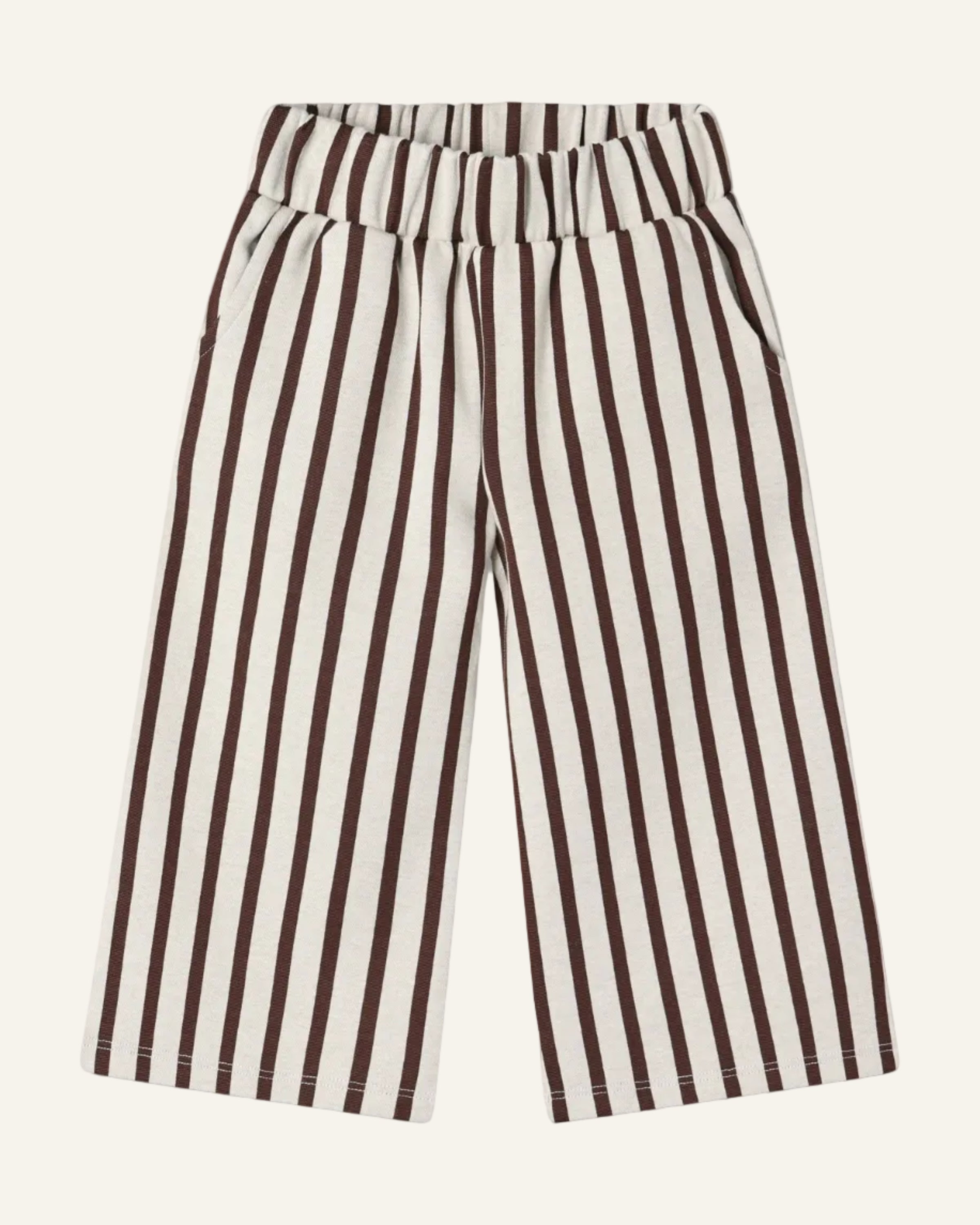 A pair of wide-leg cropped pants with vertical brown and cream stripes, featuring an elastic waistband and side pockets, shown flat on a light gray background.