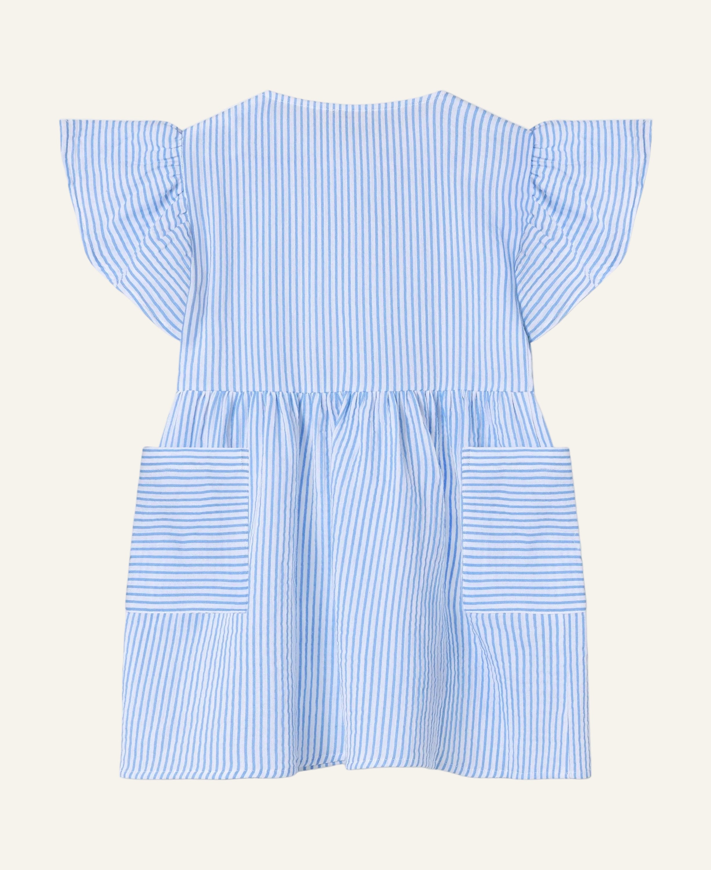 A light blue and white vertically striped baby dress with ruffled flutter sleeves and two front patch pockets, shown flat on a light gray background.