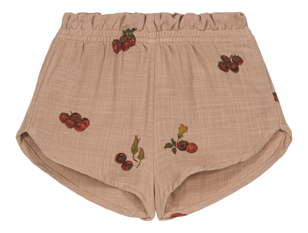 Beige shorts with cherry embroidery on a white background