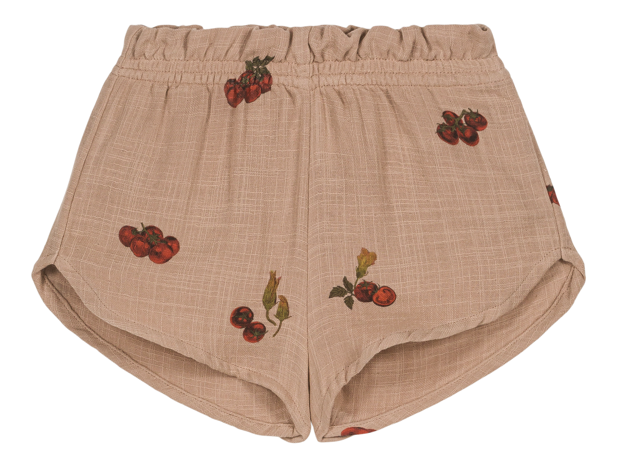 Beige shorts with cherry embroidery on a white background