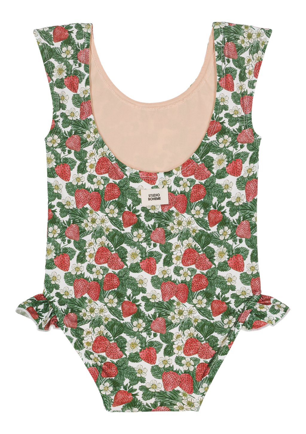 One-piece swimsuit with strawberry pattern on a white background