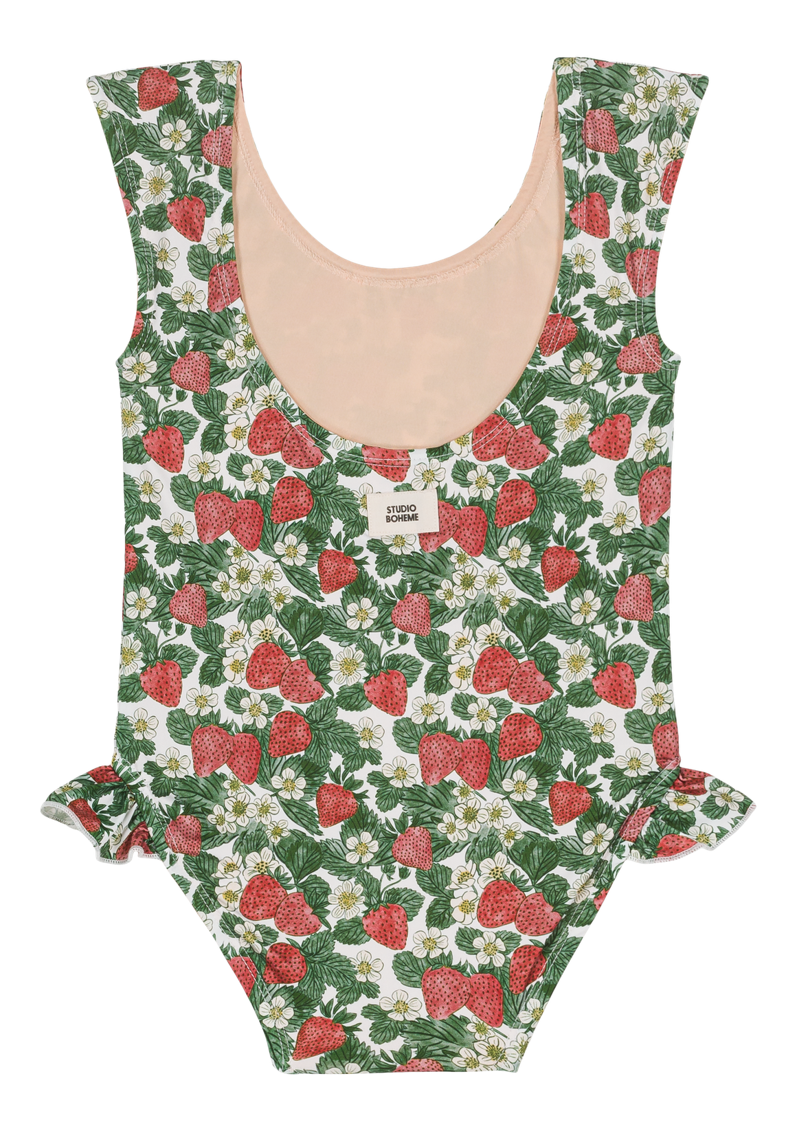 One-piece swimsuit with strawberry pattern on a white background