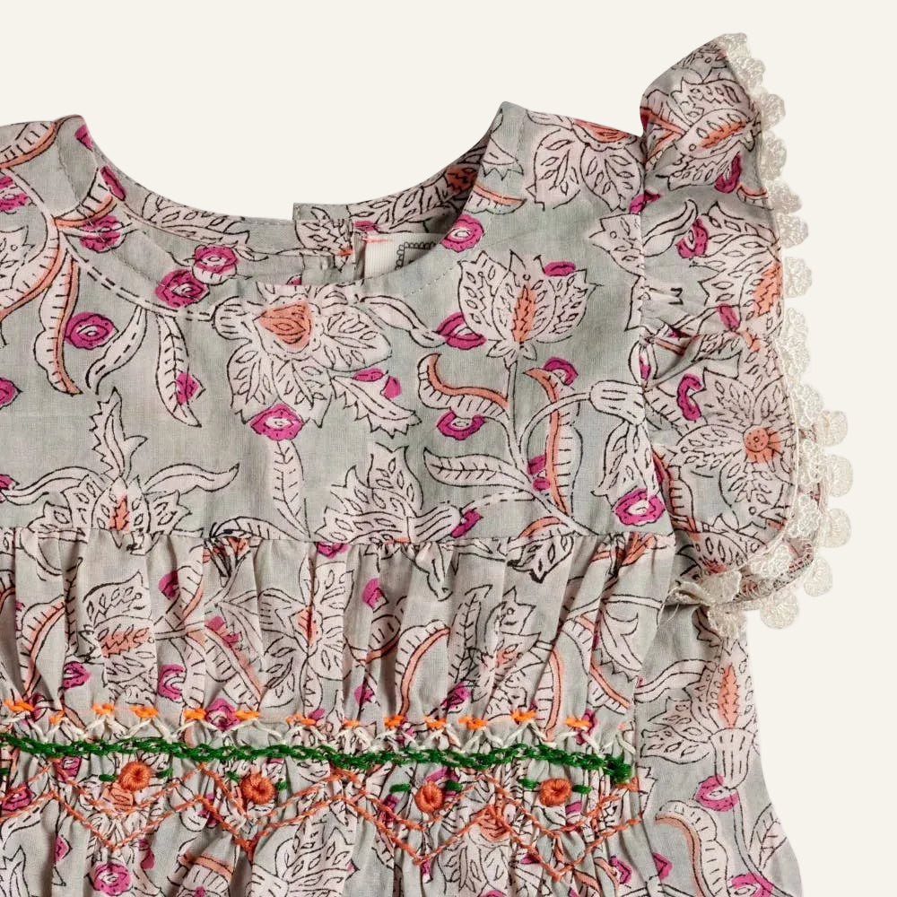 Floral patterned dress with ruffled collar on a white background