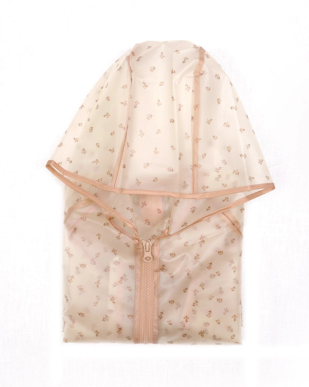 A light beige mesh zippered pouch with a small all-over floral print, shown folded on a white background.