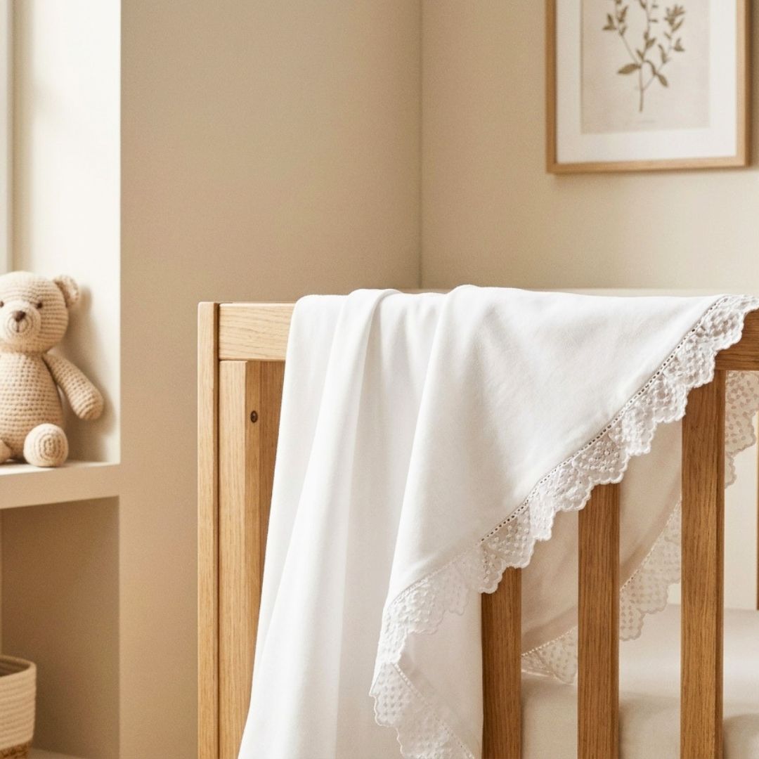Wooden crib with a white lace blanket draped over it in a nursery setting.