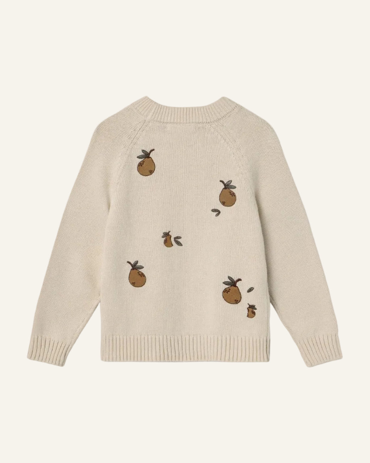 A cream-colored knit sweater with embroidered brown pears and small leaves, shown from the back on a light gray background.