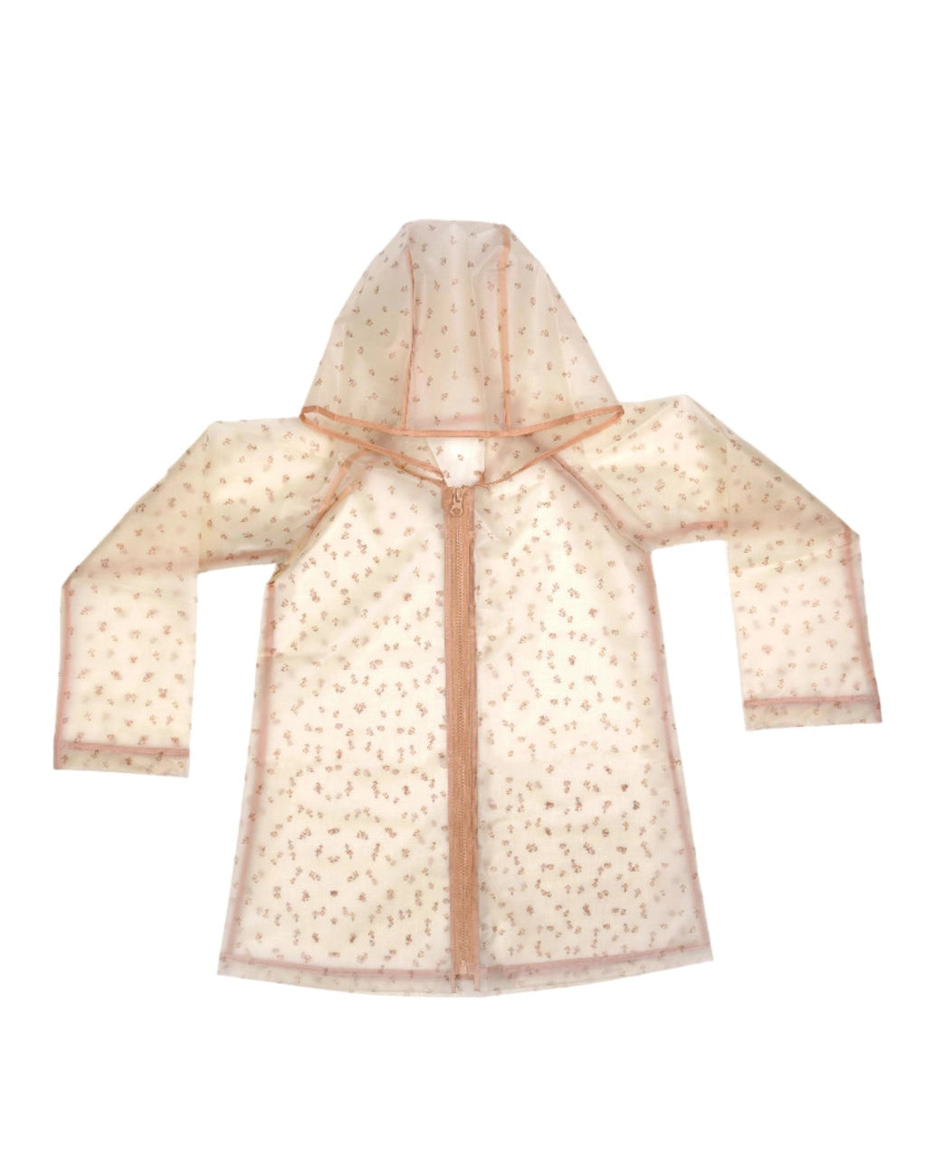 Sheer beige hooded garment with a subtle pattern on a white background