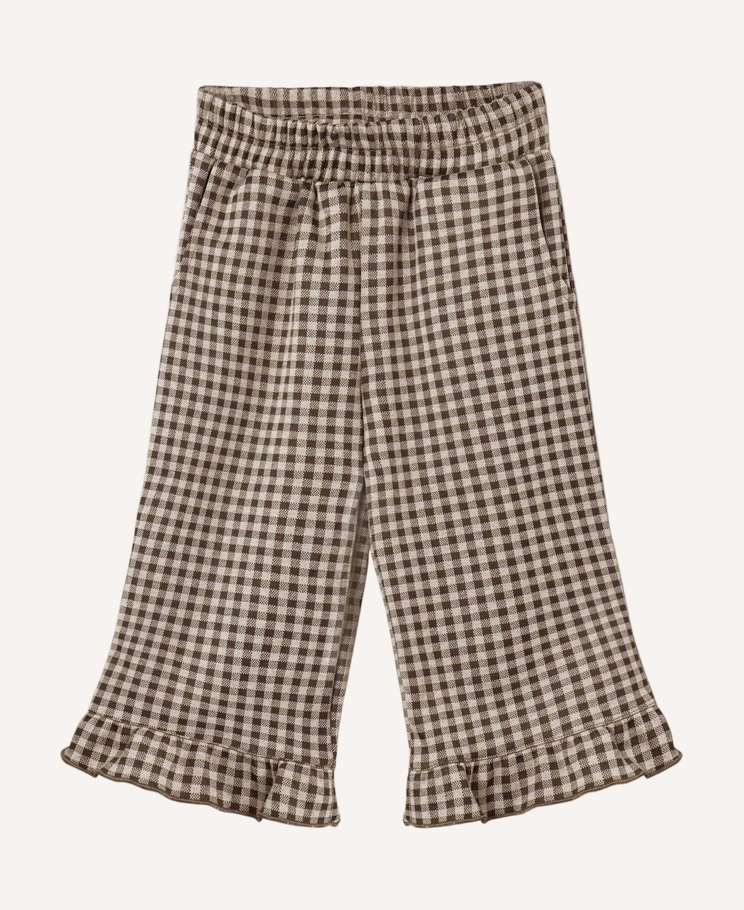 Brown and white checkered pants with ruffled bottom on a white background