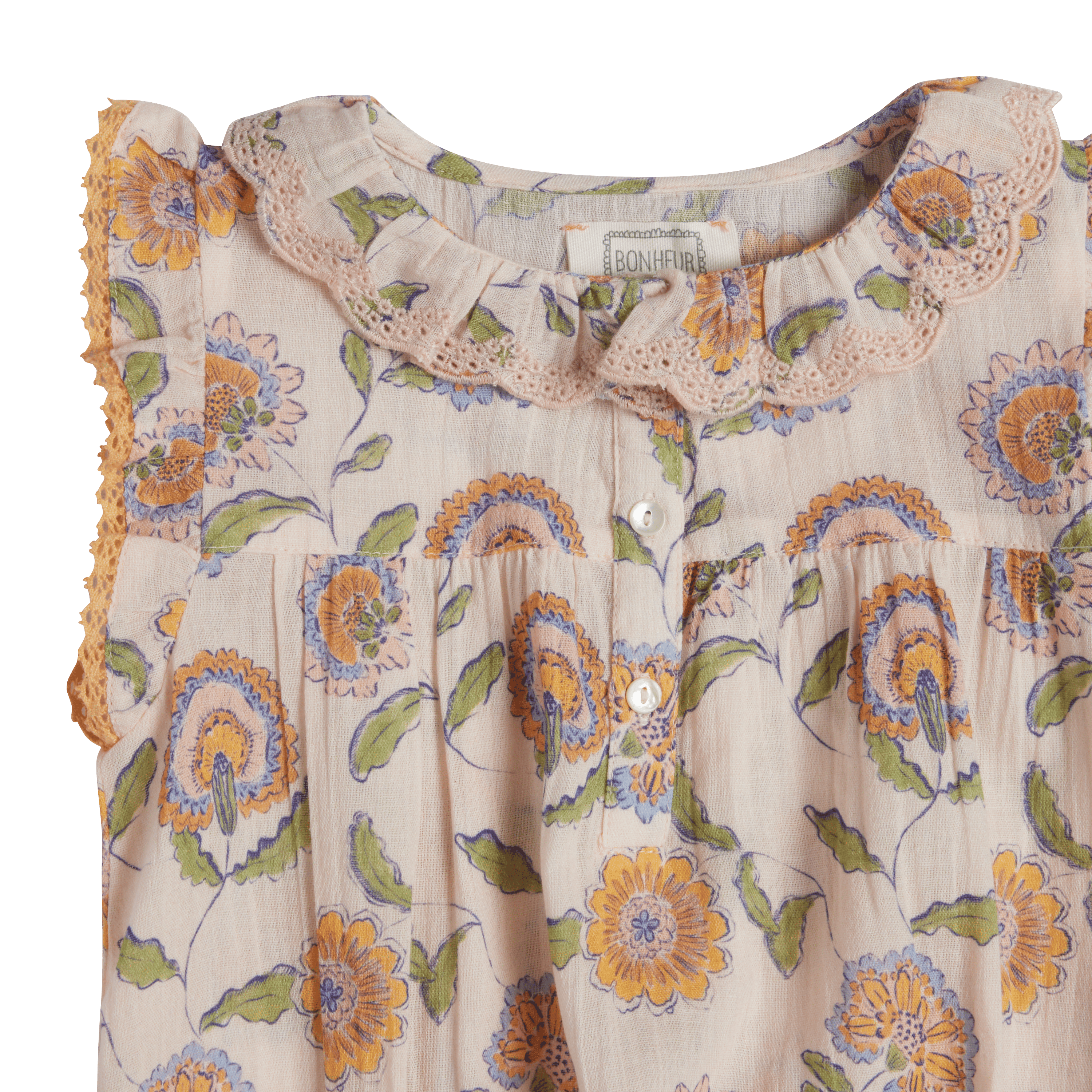 Floral patterned blouse with ruffled collar on a transparent background