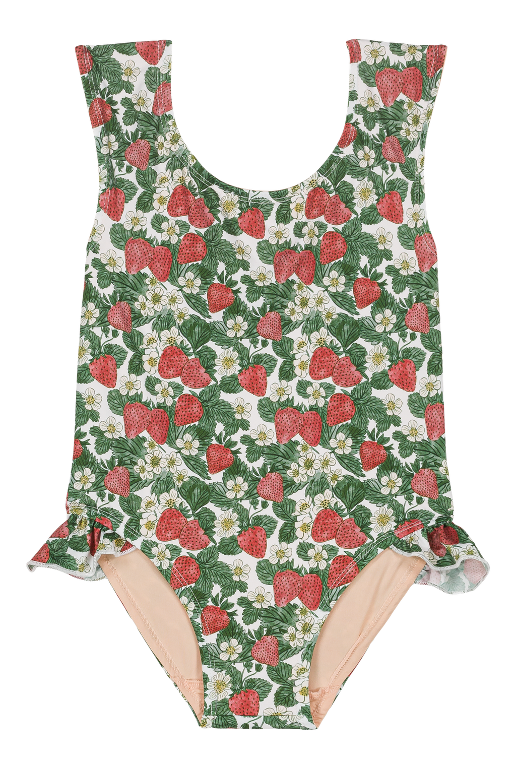 One-piece swimsuit with strawberry pattern on a white background