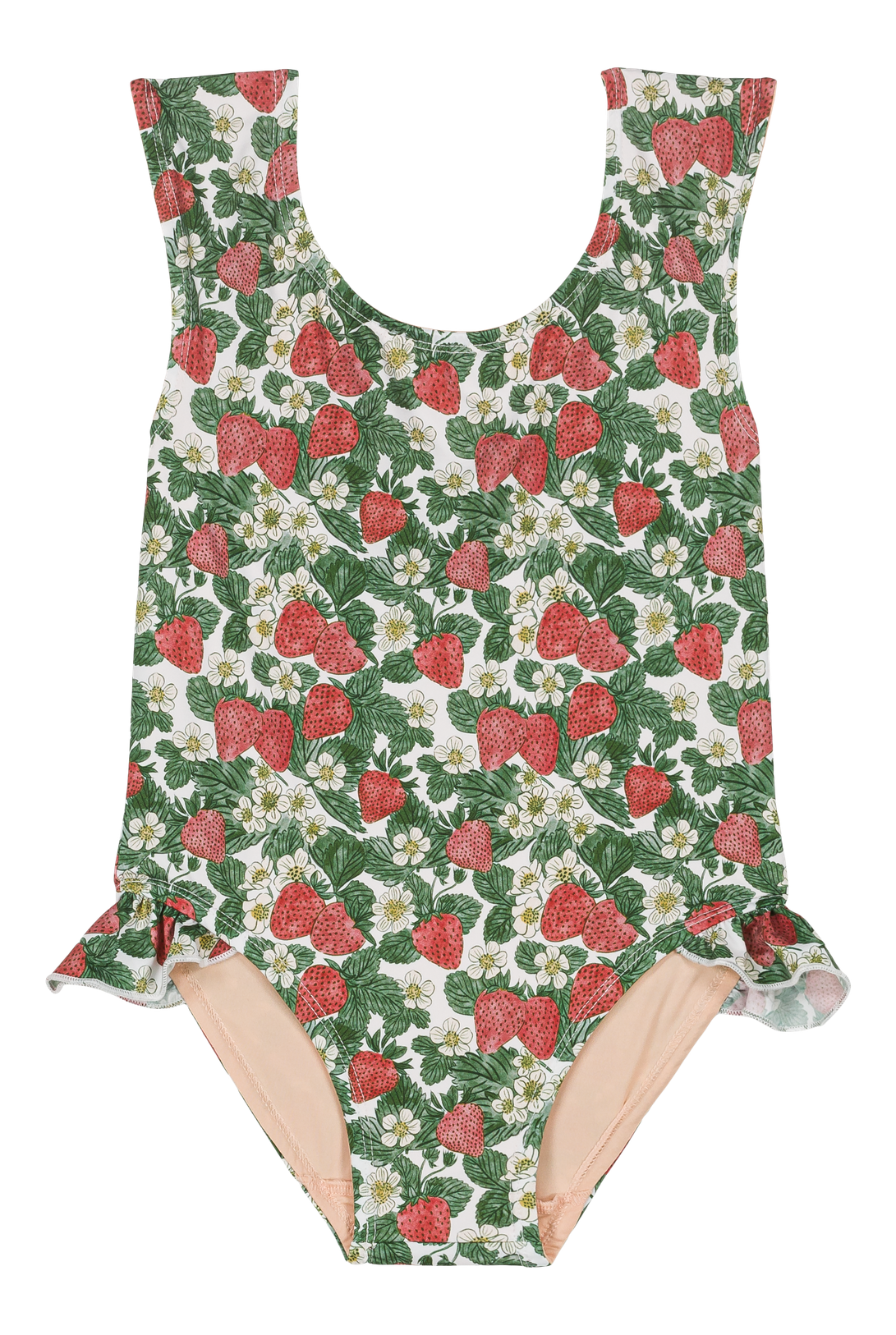 One-piece swimsuit with strawberry pattern on a white background