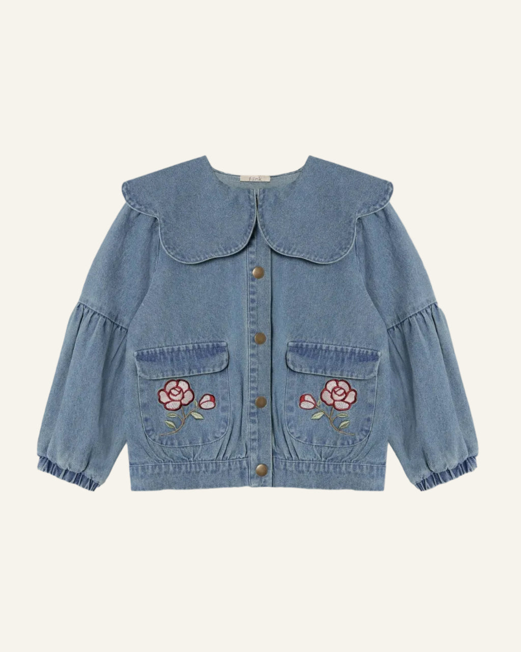A light blue denim jacket for children, featuring a large Peter Pan collar, button-front closure, ruffled cuffs, and embroidered pink roses on the front pockets.