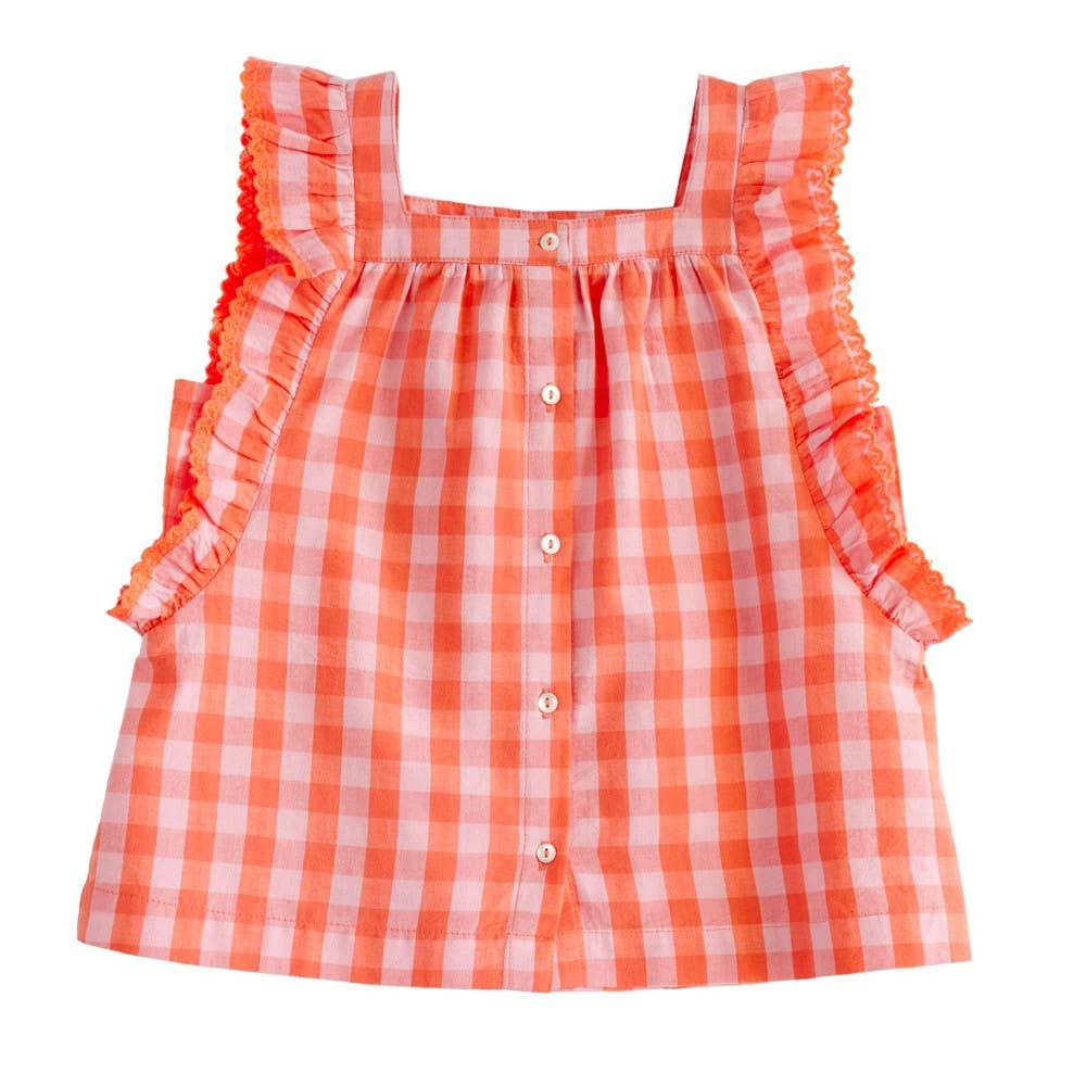 Red and white checkered top with ruffled sleeves on a white background