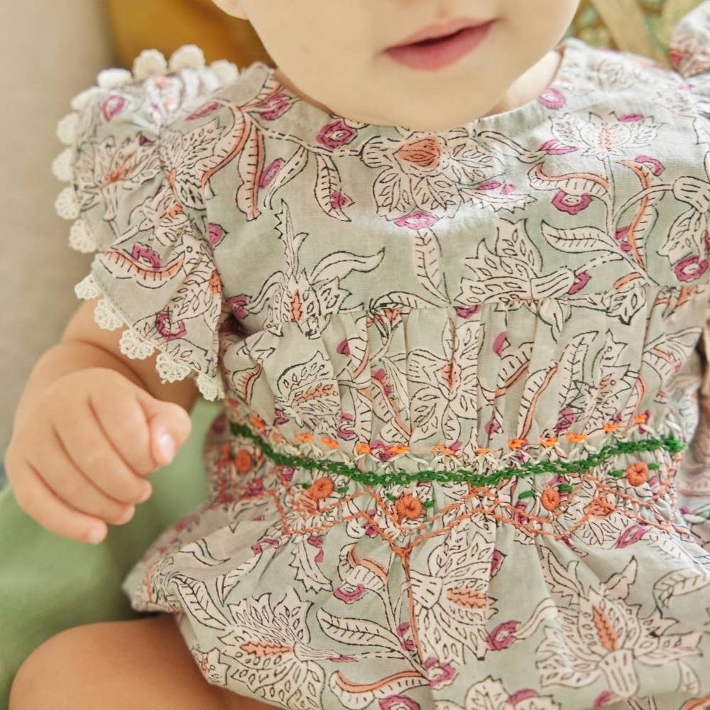 Close-up of a child wearing a floral dress with ruffled sleeves.