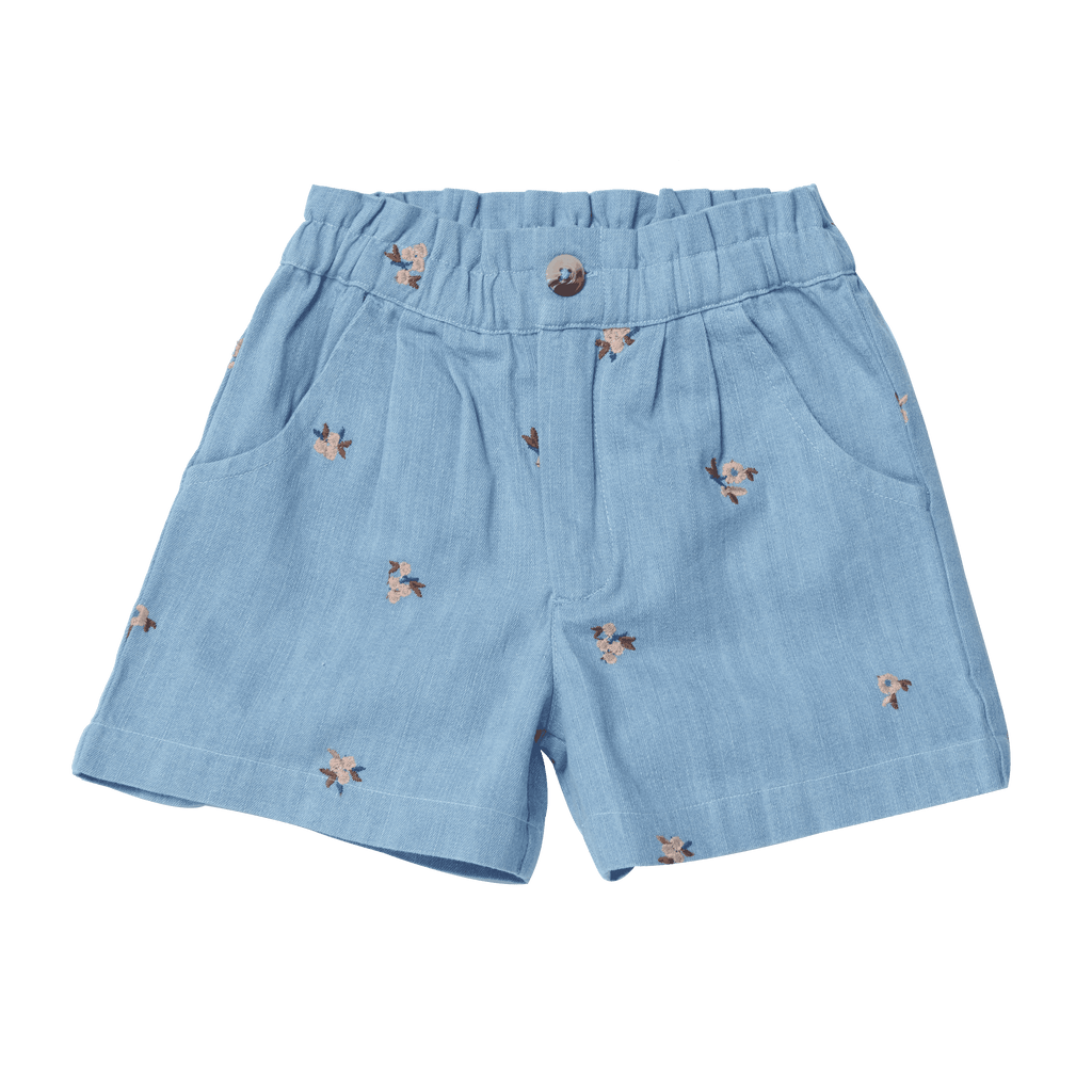 Light blue shorts with small floral patterns on a black background