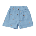 Light blue shorts with small floral patterns on a black background