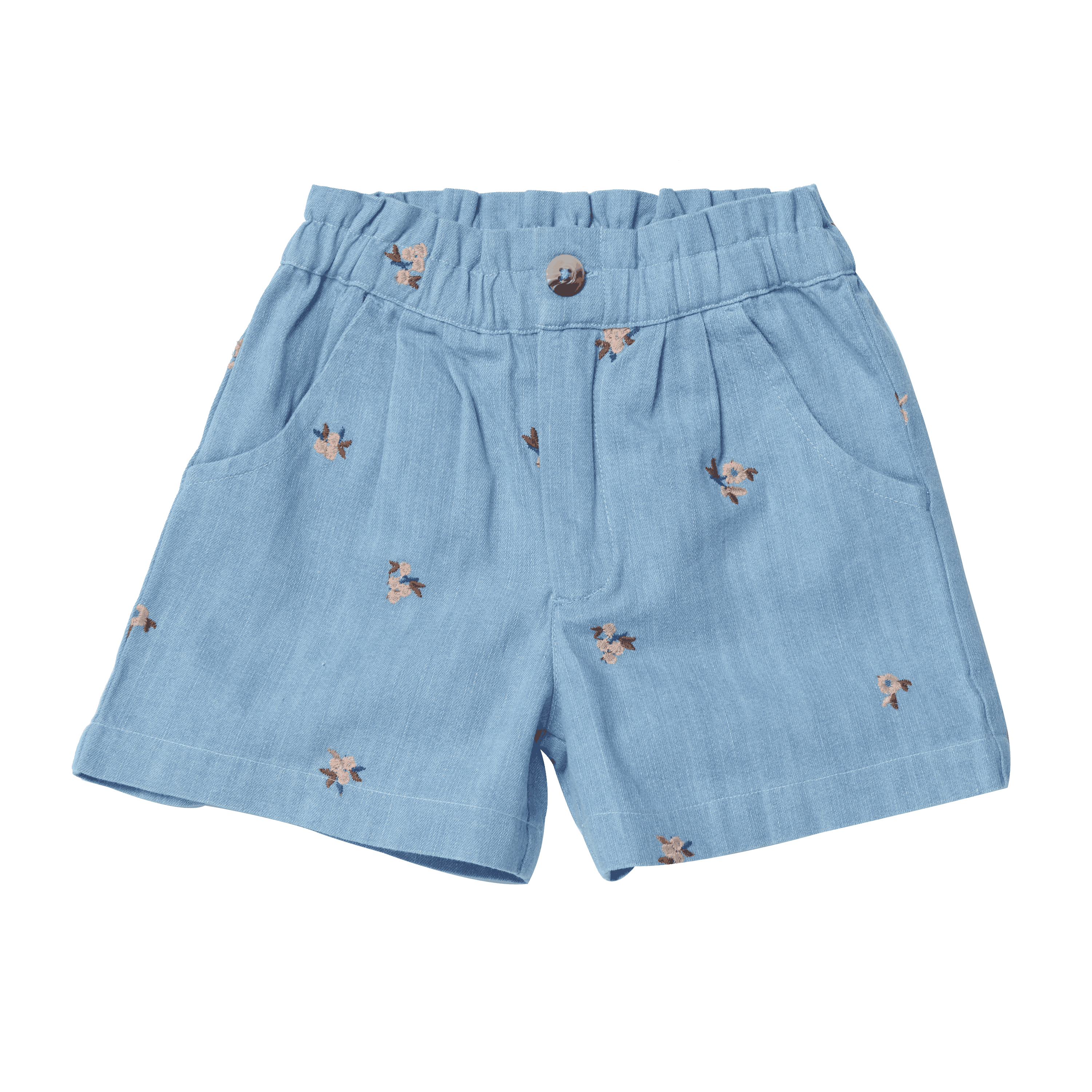 Light blue shorts with small floral patterns on a black background