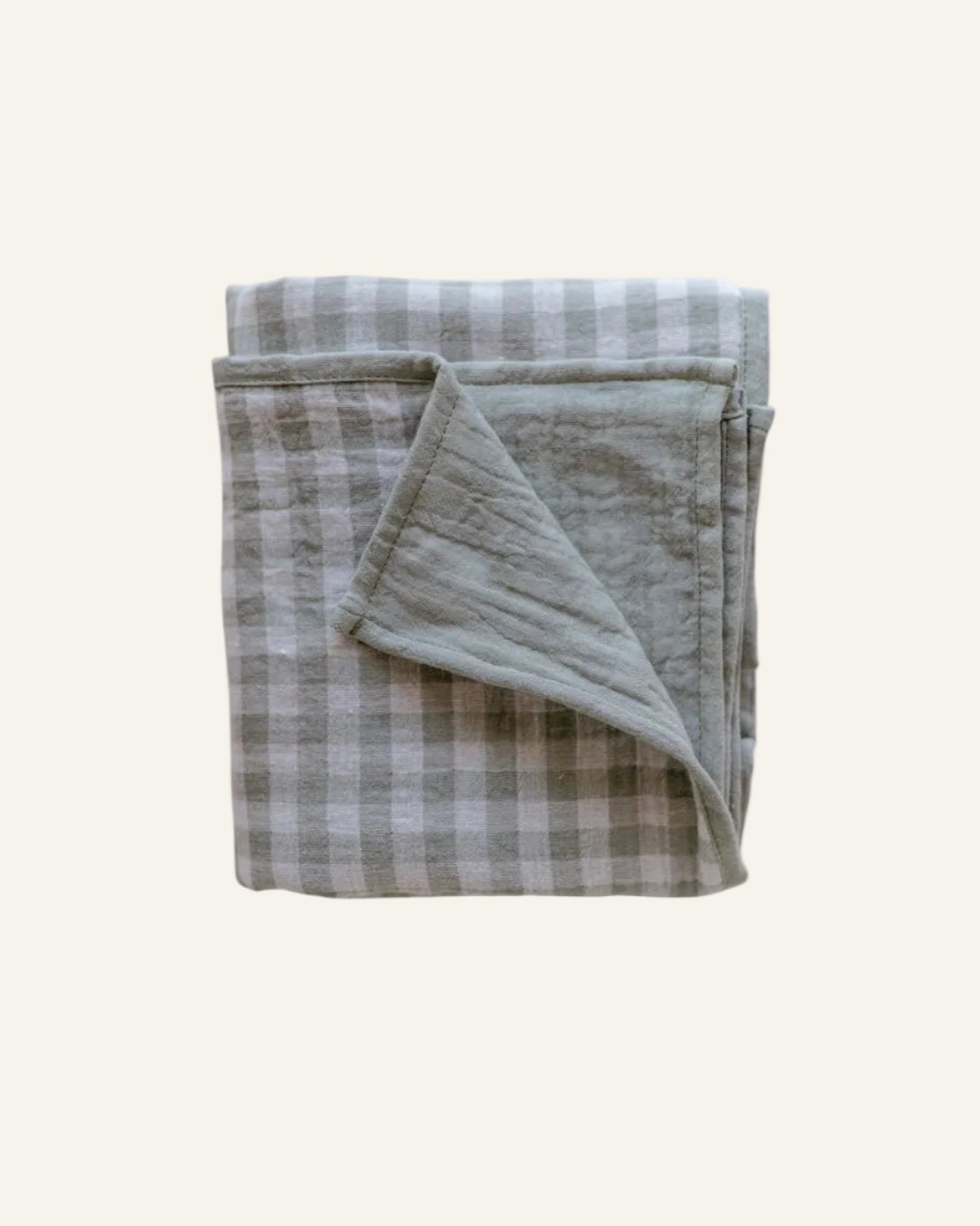 A folded cotton blanket with a muted sage green and light gray gingham check pattern, displayed on a clean white background.