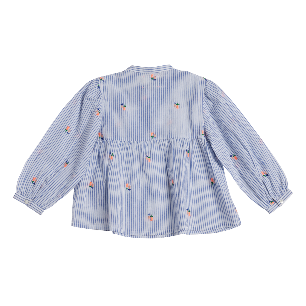 Blue and white striped shirt with floral embroidery on a white background