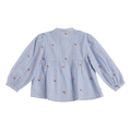 Blue and white striped shirt with floral embroidery on a white background