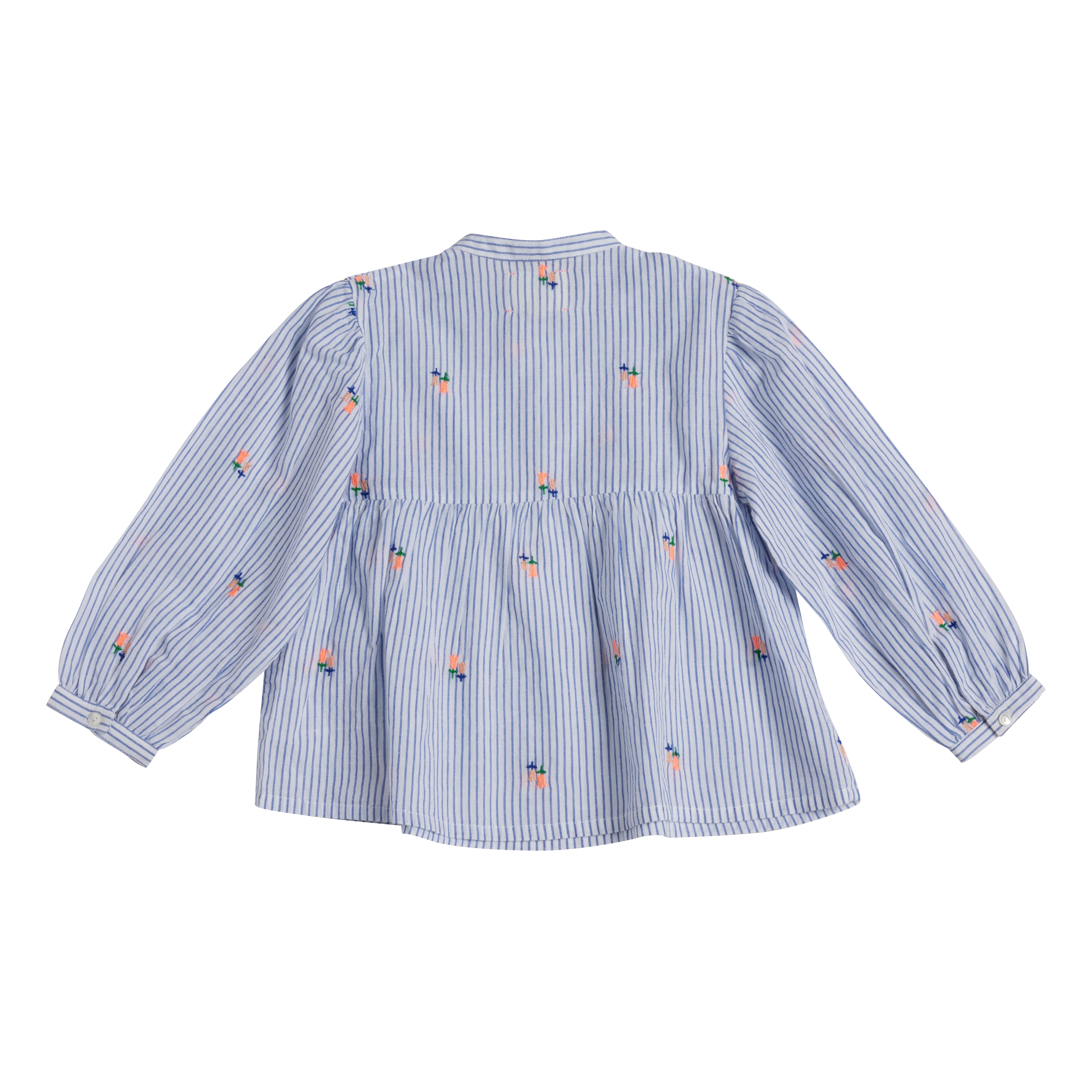 Blue and white striped shirt with floral embroidery on a white background
