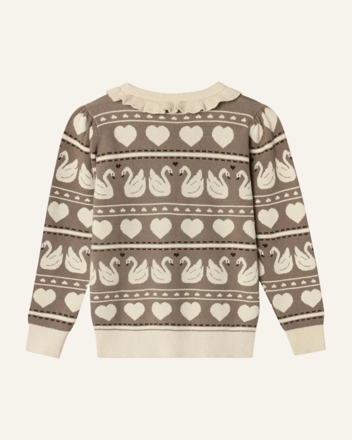 A long-sleeve knit sweater with a brown and cream pattern featuring swans, hearts, and small geometric motifs, finished with a cream ruffled collar and ribbed cuffs and hem.